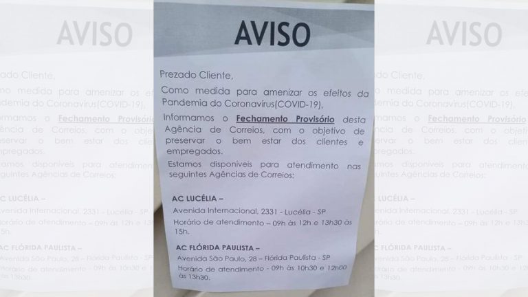 Agência dos Correios de Adamantina é fechada devido a covid-19