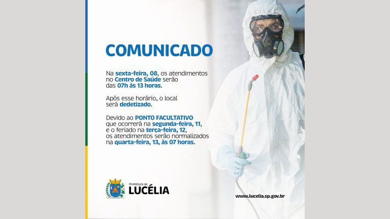 Centro de Saúde de Lucélia atende até às 13h nesta sexta