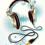 music theme – headphones on modern background, vector artwork