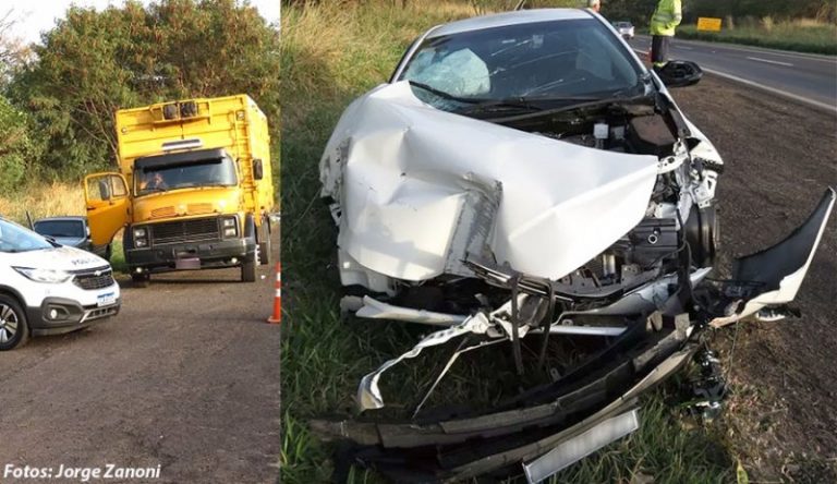 Acidente entre carro e caminhão deixa três feridos na SP-294