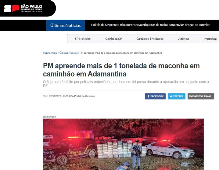 Apreensão de mais de 1 tonelada de maconha em Adamantina ganha destaque no site do Governo do Estado