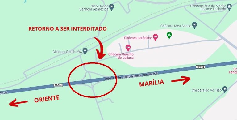 Retorno na SP 294 será interditado para adequação de dispositivo, em Marília