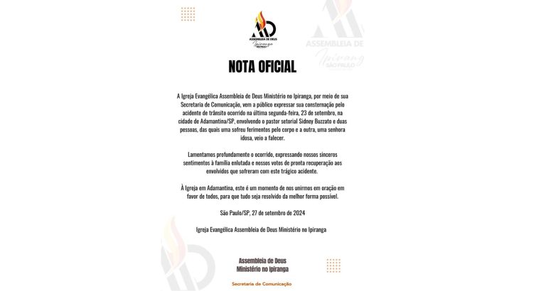 Em nota oficial, Assembleia de Deus Ministério no Ipiranga lamenta acidente e pede orações