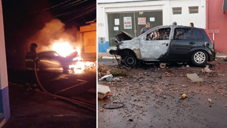Carro carregado com cigarros bate em poste e pega fogo durante fuga em Adamantina