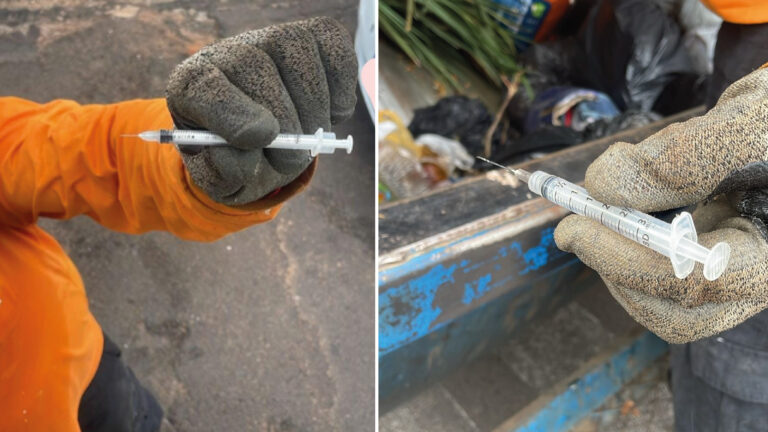 Seringas com agulhas são encontradas no lixo comum e expõem coletores a risco em Adamantina