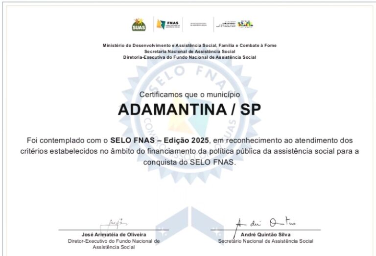 Adamantina recebe Selo FNAS 2025 por gestão na Assistência Social